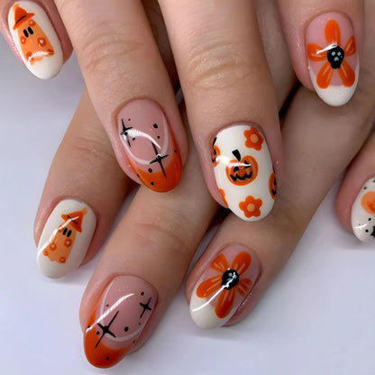 24Pcs Halloween Spider Print False Nails – Gothic Short Round Press-on Nail Tips for Women