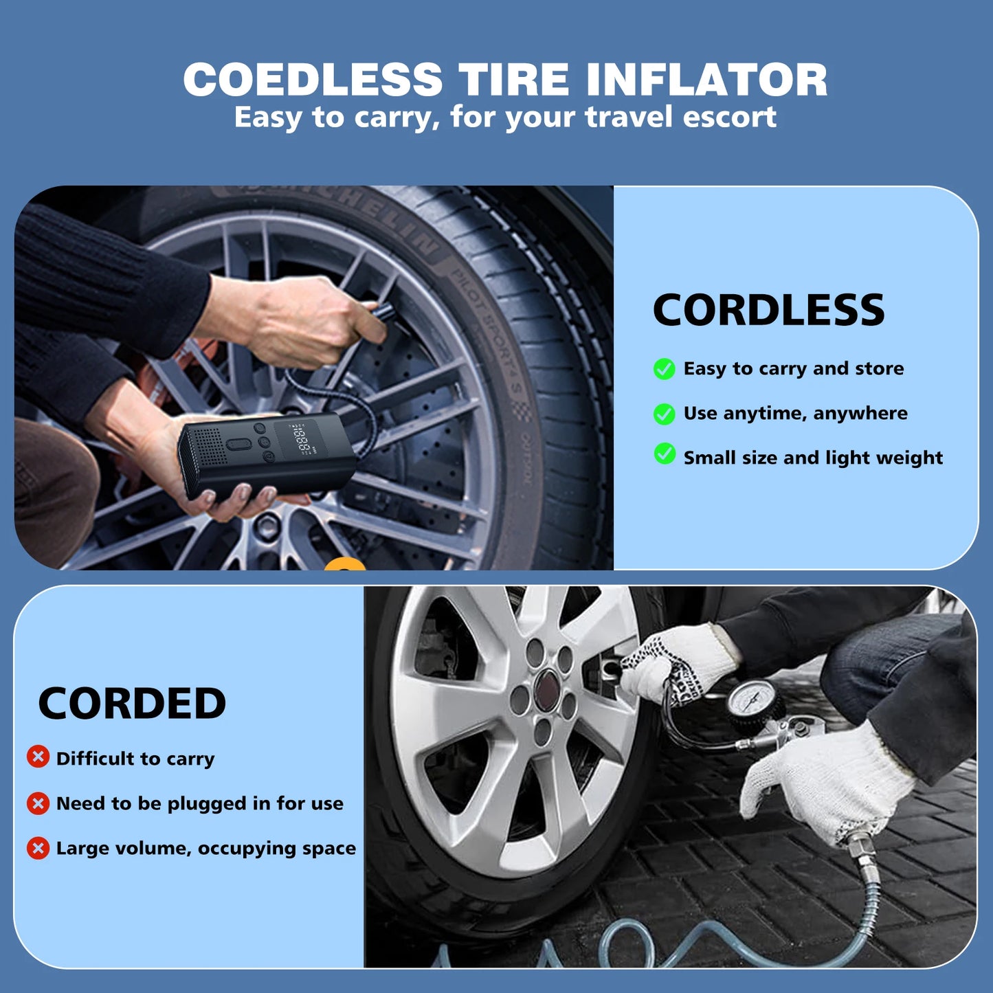 Portable Car Tire Inflator Digital Cordless Air Pump 150PSI Bike Pump  Electric Air Compressor For Car Bicycle