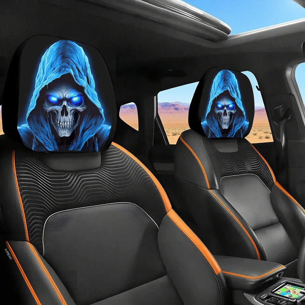 2PCS Funny Slanted Eyes Cartoon Print Car Headrest Cover for Halloween Christmas Holiday Automobile Interior Decoration