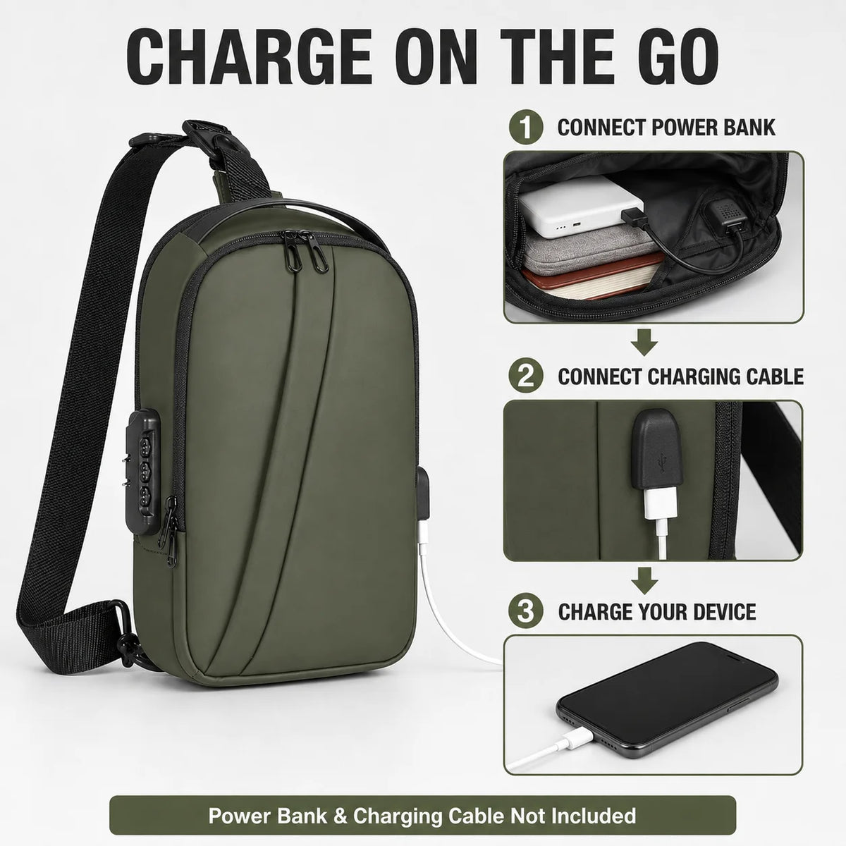 Men Anti Theft Sling Backpack with Combination Lock USB Port, Water Resistant Crossbody Chest Bag for Travel and Commuting