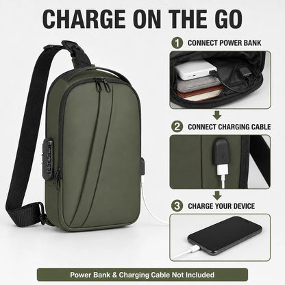 Men Anti Theft Sling Backpack with Combination Lock USB Port, Water Resistant Crossbody Chest Bag for Travel and Commuting