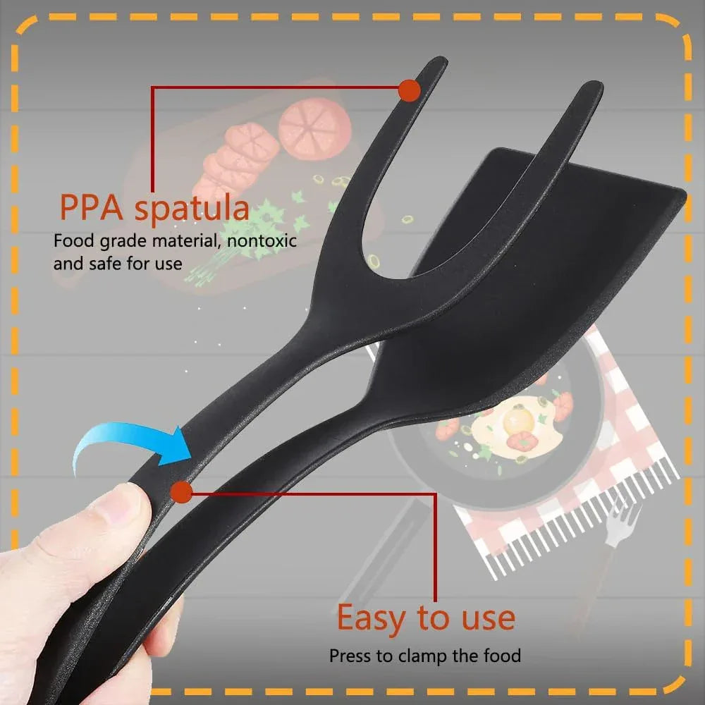 2-in-1 Flip Spatula Tongs Kitchen Cooking Turner Tool
