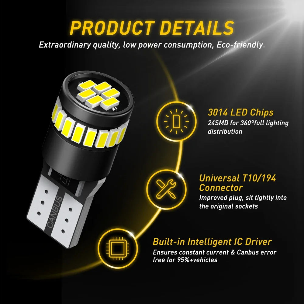 AUXITO 10Pcs W5W T10 LED Canbus Light No Error Car Interior Light 194 501 168 24SMD 3014 Chip Pure White Instrument Lights Auto