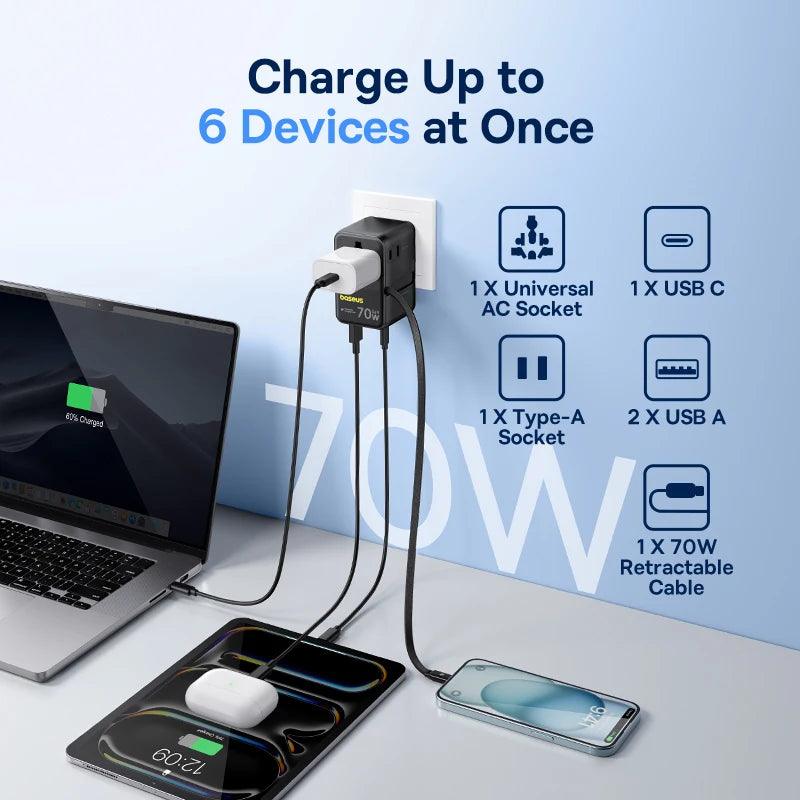 Baseus GaN Charger Universal Travel Adapter Built in 70W Retractable Cable 2AC 2 USB-A Type-C Fast Charging EU/UK/USA/AUS