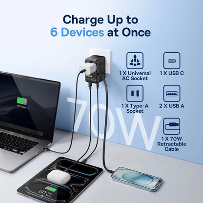 Baseus GaN Charger Universal Travel Adapter Built in 70W Retractable Cable 2AC 2 USB-A Type-C Fast Charging EU/UK/USA/AUS