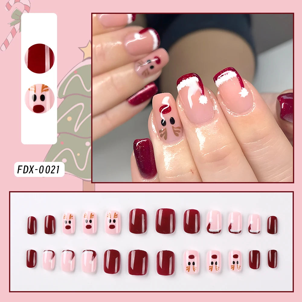 24Pcs Black Glossy Halloween Almond Fake Nails – Gradient French Press-on Nails with Rose, Heart & Skull Designs