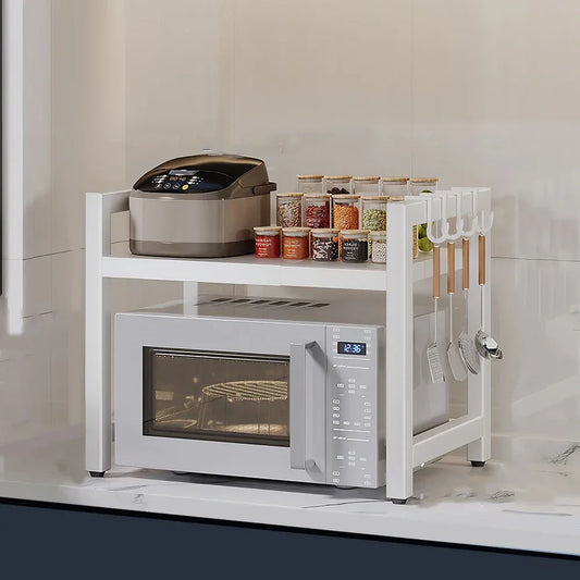 Adjustable Microwave Oven Rack with Hooks & Storage Stand