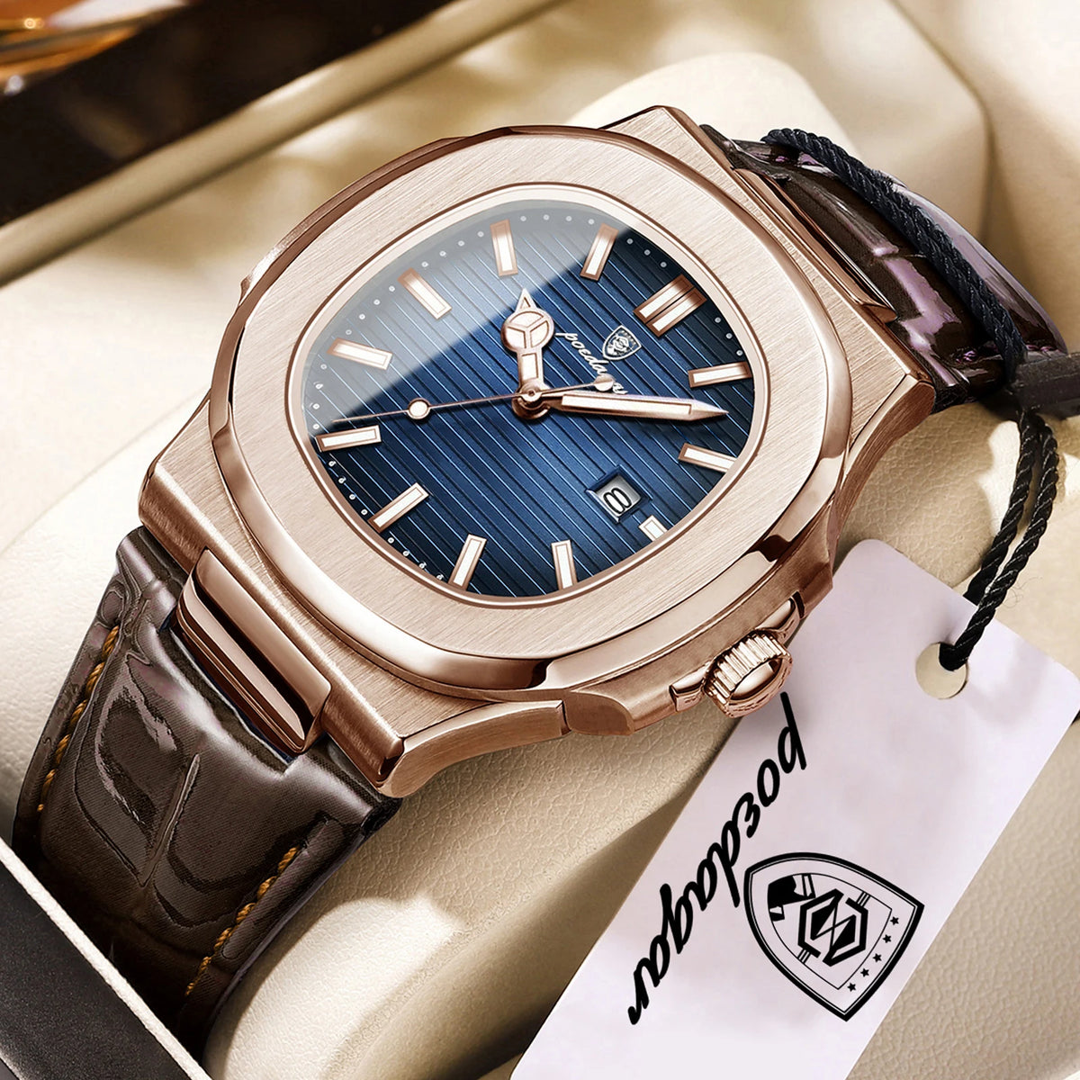 POEDAGAR Business Men's Watch Date Waterproof Luminous Luxury Men Clock High Quality Leather Quartz Square Watches For Man Reloj