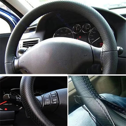 Car Steering Wheel Braid Cover Needles And Thread PU Leather Car Covers Suite DIY Texture Soft Auto Accessories Black 37-38cm