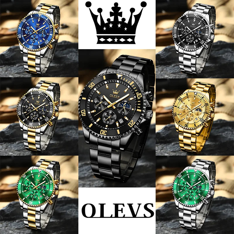 OLEVS 2870 Men's Watch Top Brand Luxury Watch for Men Original Waterproof Stainless Steel Chronograph Moon Phase Date Rota Dial