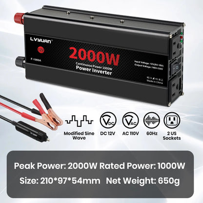 2600W 2000W 1500W LVYUAN Power Inverter 12V 110V 60Hz Car Inverter Dual US Sockets&USB Output Camping/Traval/RV Power Supply