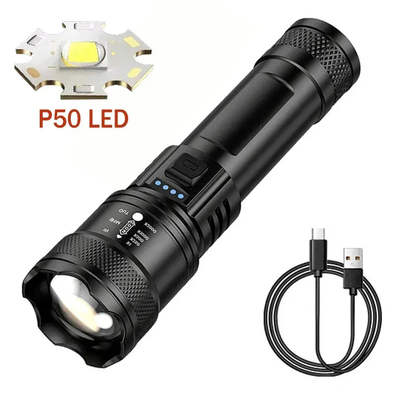High Strong Power Led Flashlights 2000LM Tactical Torch with Display Light USB Charging Camping Fishing Emergency Zoom Lantern - Urbizia