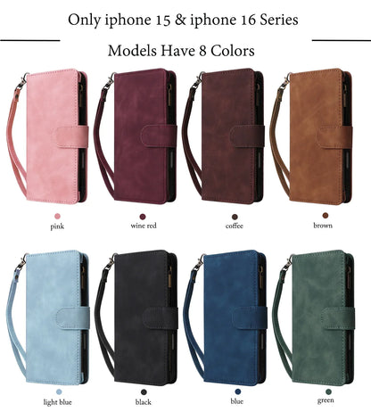 Premium Leather Wallet Case For iPhone 16 15 14 13 12 11 17 Pro Max Plus 17Air 16e Zipper Wallet Card Slots Magnetic Flip Cover