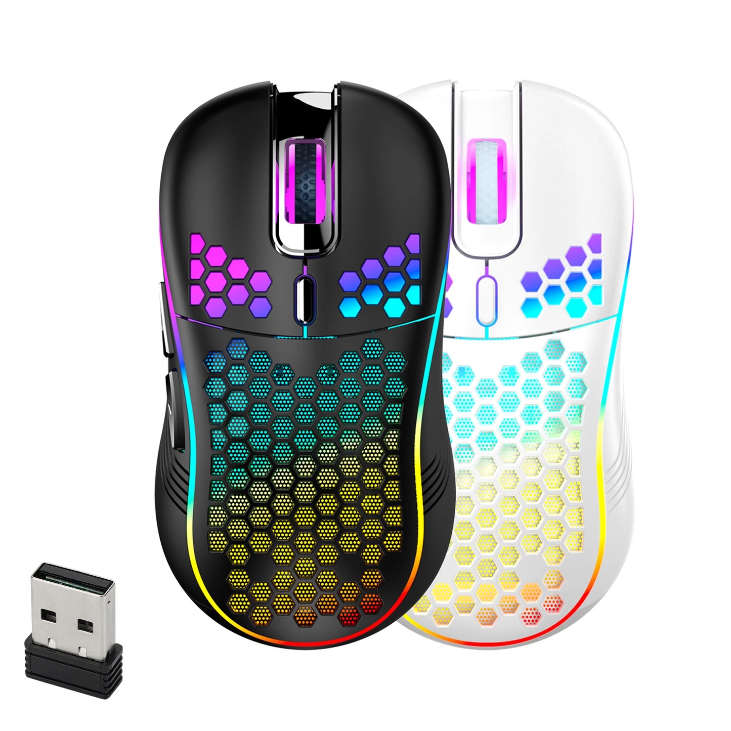 Wireless Gaming Mouse Honeycomb 2.4G USB Cordless Mouse RGB Rechargeable PC Game Mice With LED Lights, Drag-Free Paracord, Ergon