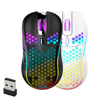 Wireless Gaming Mouse Honeycomb 2.4G USB Cordless Mouse RGB Rechargeable PC Game Mice With LED Lights, Drag-Free Paracord, Ergon