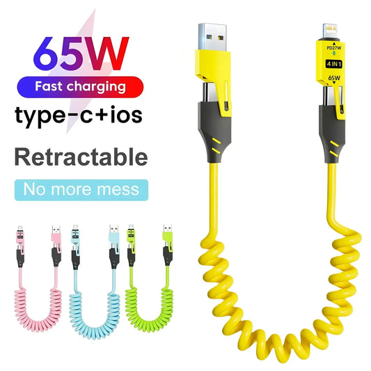Zinc Alloy USB-C 4IN1 65w Fast Charging Cable for iPhone Usb Type C Cable For iPhone Xiaomi Samsung PD spring data cable USB - Urbizia