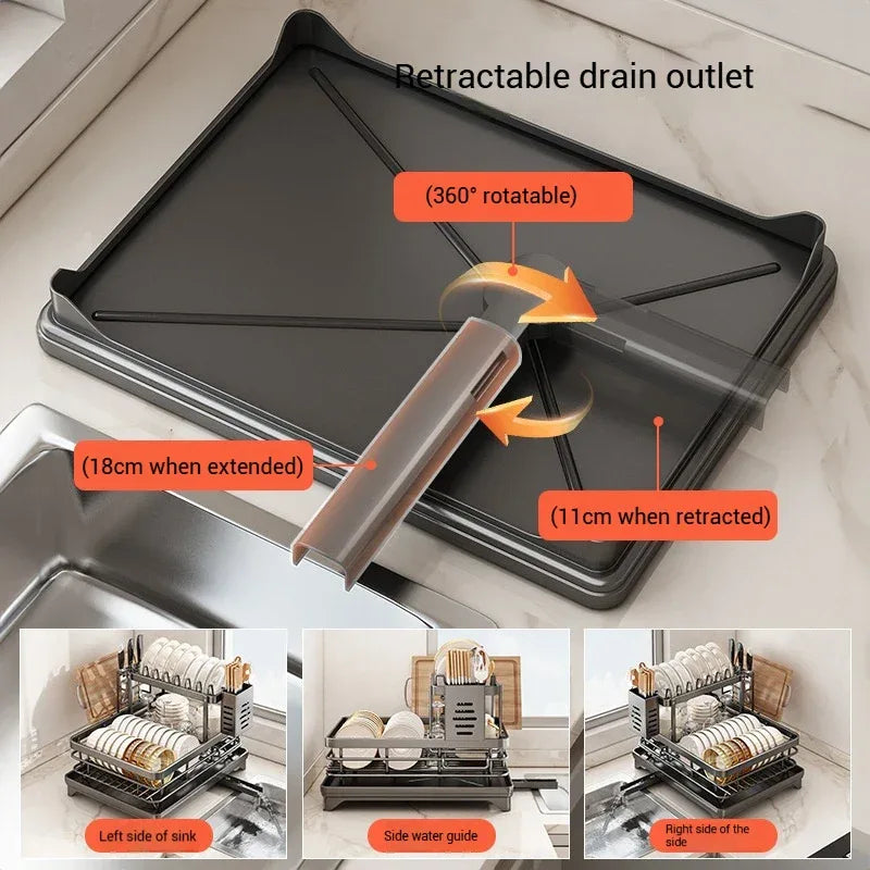 2-Tier Adjustable Steel Kitchen Dish Drying Rack with Drain Tray