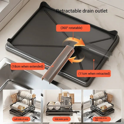 2-Tier Adjustable Steel Kitchen Dish Drying Rack with Drain Tray