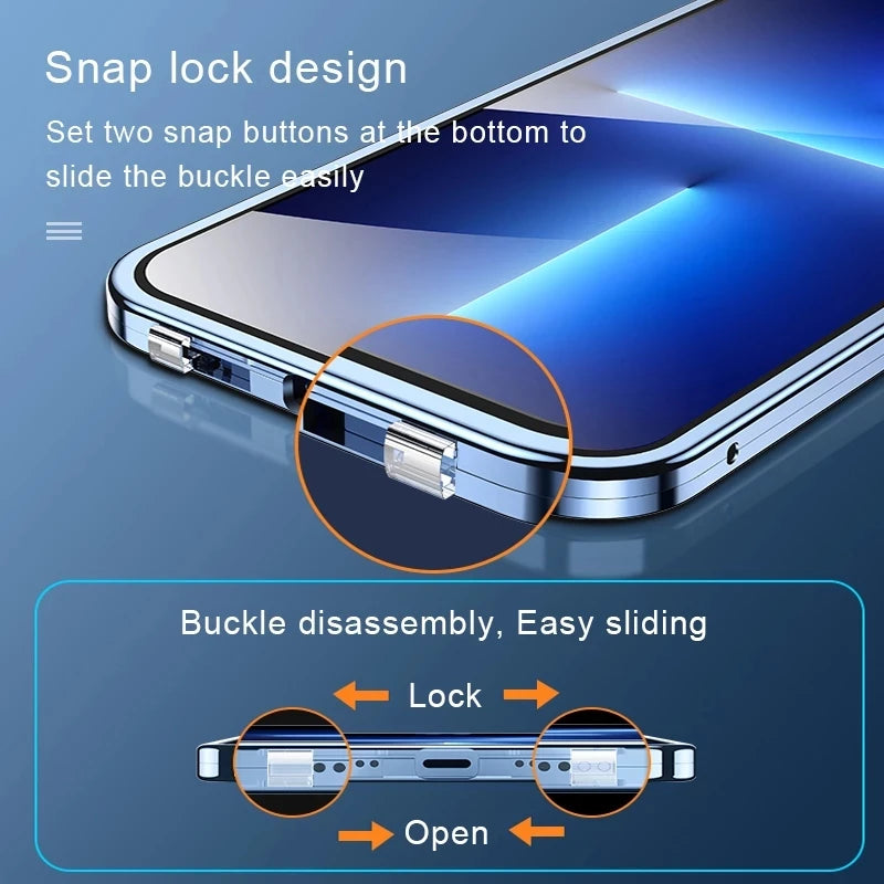 360°Full Protection Metal Magnetic Double-Sided Glass Lock Buckle Phone Case For iPhone 16 Pro Max 14 12 13 11 15 Pro Max Cover