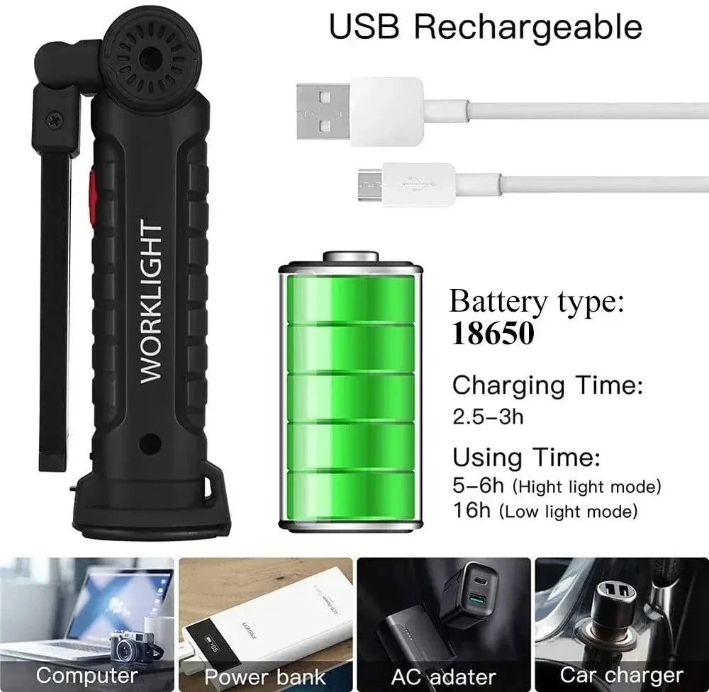 COB LED Folding Flashlight Portable Magnetic Work Light Lantern USB Rechargeable Emergency Repair Camping Torch Lamp With Hook - Urbizia