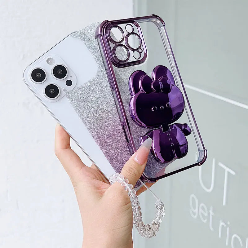 Luxury Shockproof Phone Case with Rabbit Makeup Swivel Stand Crystal Lanyard For Xiaomi Redmi 15 4G 5G 169mm 171mm Back Cover