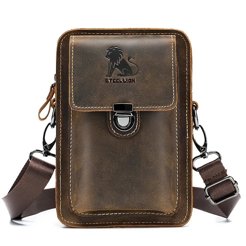 Crazy Horse Skin Men's Wearing Belt Phone Waist Bag Top Layer Cowhide Multi functional Single Shoulder Crossbody Phone Bag