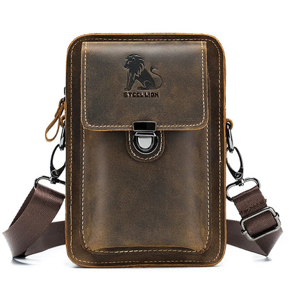Crazy Horse Skin Men's Wearing Belt Phone Waist Bag Top Layer Cowhide Multi functional Single Shoulder Crossbody Phone Bag