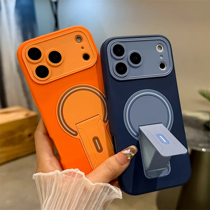 Luxury Fold Stand Holder Magnetic For Magsafe Matte Case For iPhone 17 16 15 14 13 12 11 18 Pro Max Plus Big Window Bumper Cover