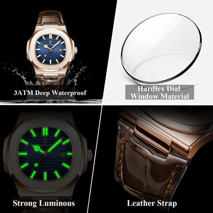 POEDAGAR Business Men's Watch Date Waterproof Luminous Luxury Men Clock High Quality Leather Quartz Square Watches For Man Reloj