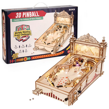 ROKR 3D Pinball Machine Wooden 3D Puzzle DIY Pinball Game Model Building Kit Brain Teasers Jigsaw Toys Birthday Gift for Adults Teens