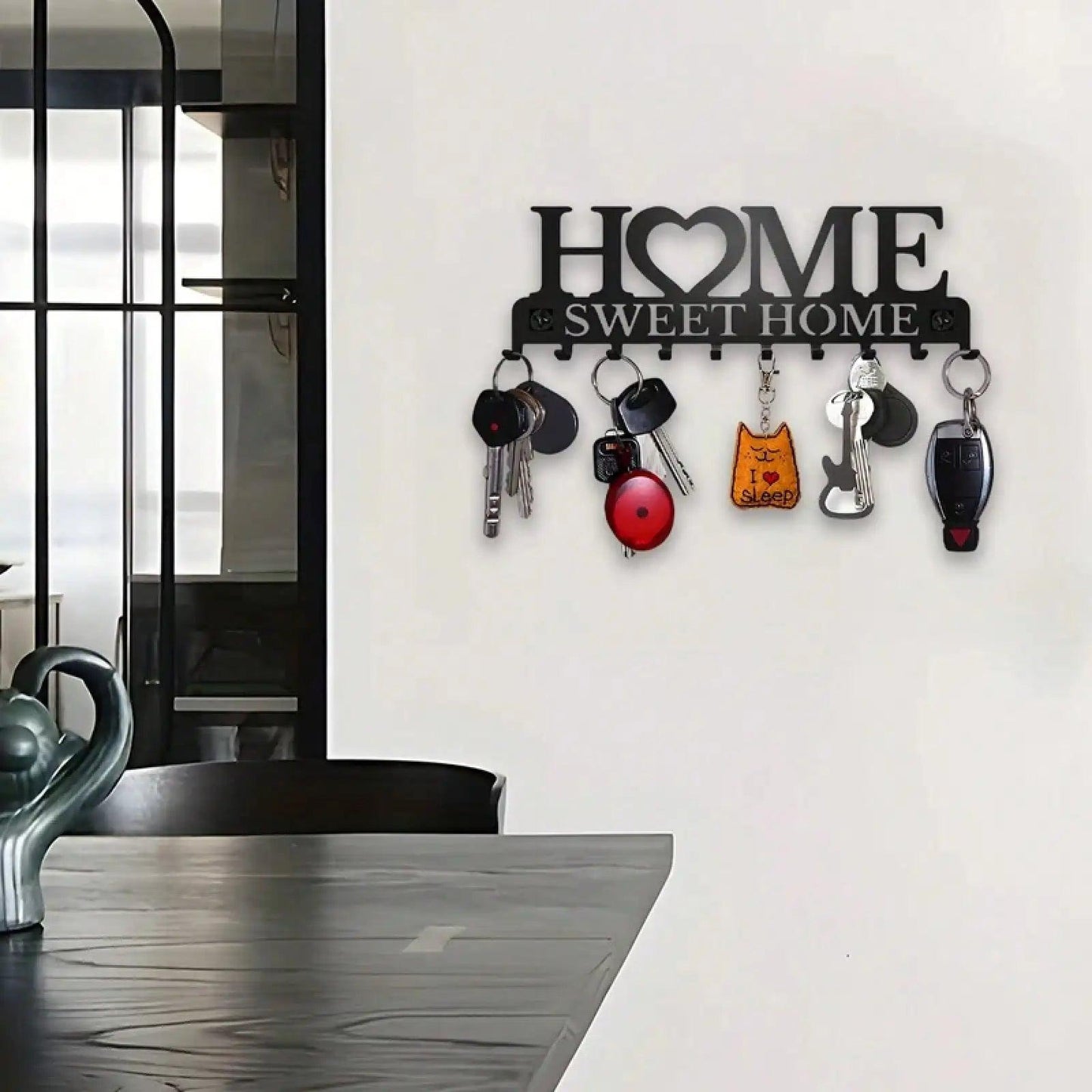 1Pc Black Metal Wall Mount Key Holder, Sweet Home Style Key Rack With 10 Hooks, Practical Key Hanger