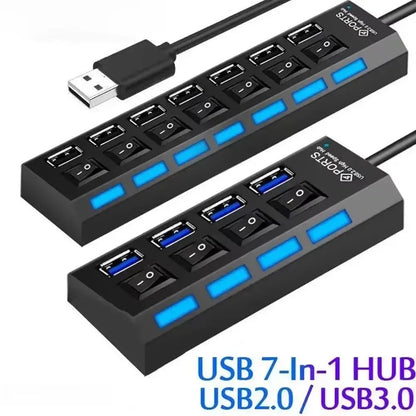 7-Port USB 2.0 Hub with Individual Switches & LED Light