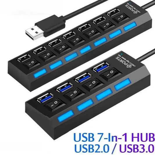 7-Port USB 2.0 Hub with Individual Switches & LED Light