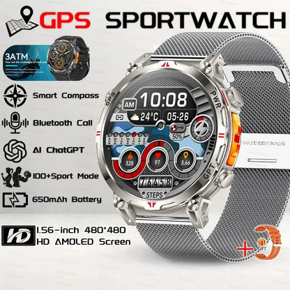 Military Grade Smart Watch Men GPS Compass Altimeter Clock 1.56" AMOLED 5ATM Waterproof Sport Fitness Tracker BT Call Smartwatch - Urbizia