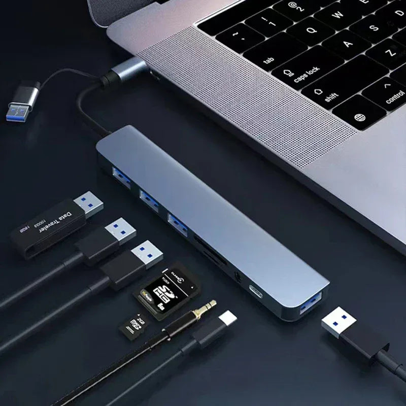 8 in 2 USB +Type C HUB Docking Station with 3.5mm Audio Jack Adapter Micro SD Card Reader Laptop Tablet Phone Disk Converter - Urbizia