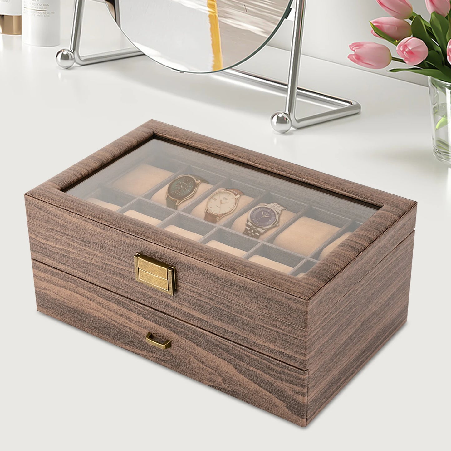 24-Bit Watch Box, 2-Tier Rustic Brown Watch Display Case with Glass Window, Tabletop Jewelry Storage Organizer for Men & Women