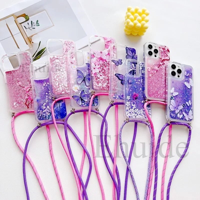 Quicksand Strap Case For Samsung Galaxy S26 Ultra S24 S23 S25 Plus S21 S22 S20 FE Liquid Glitter Flower Crossbody Lanyard Cover