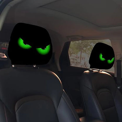2PCS Funny Slanted Eyes Cartoon Print Car Headrest Cover for Halloween Christmas Holiday Automobile Interior Decoration
