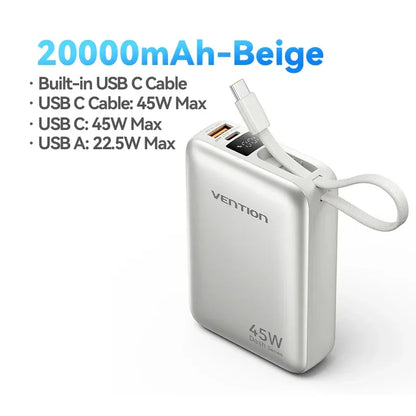 45W 20000mAh Fast Charging Power Bank with Built-in Cable