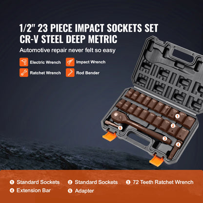 SucceBuy 23PCs 1/2" Drive Impact Socket Set Socket Set SAE (7/16" -1")& Metric (13-24mm) 6 Point Cr-V Alloy Steel Auto Repair