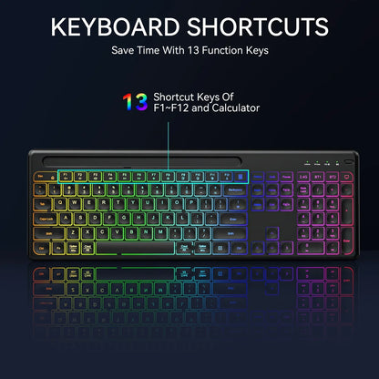 Wireless Keyboard and Mouse Combo with Backlit Full Size Ergonomic Keyboard with Phone Tablet Holder 2.4G Mouse for PC Laptop