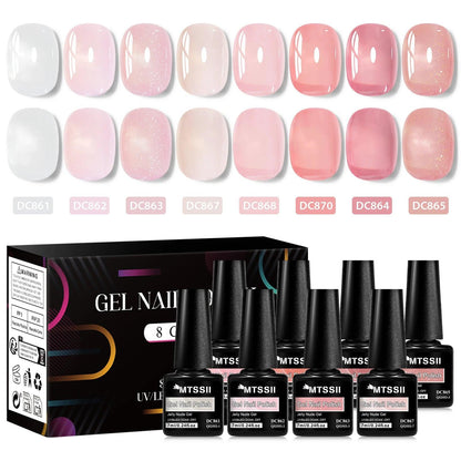 8PCS 7ml Jelly Nude Gel Nail Polish Kit with Gift Box Light Pink Translucent White Shimmer Glitter Soak Off UV LED Gel Varnish