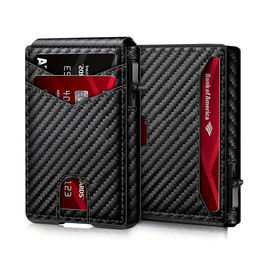 Men Vintage Leather Wallet RFID Blocking Aluminum Auto Pop Up Credit Card Holder for Men
