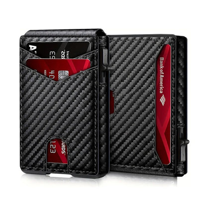 Men Vintage Leather Wallet RFID Blocking Aluminum Auto Pop Up Credit Card Holder for Men