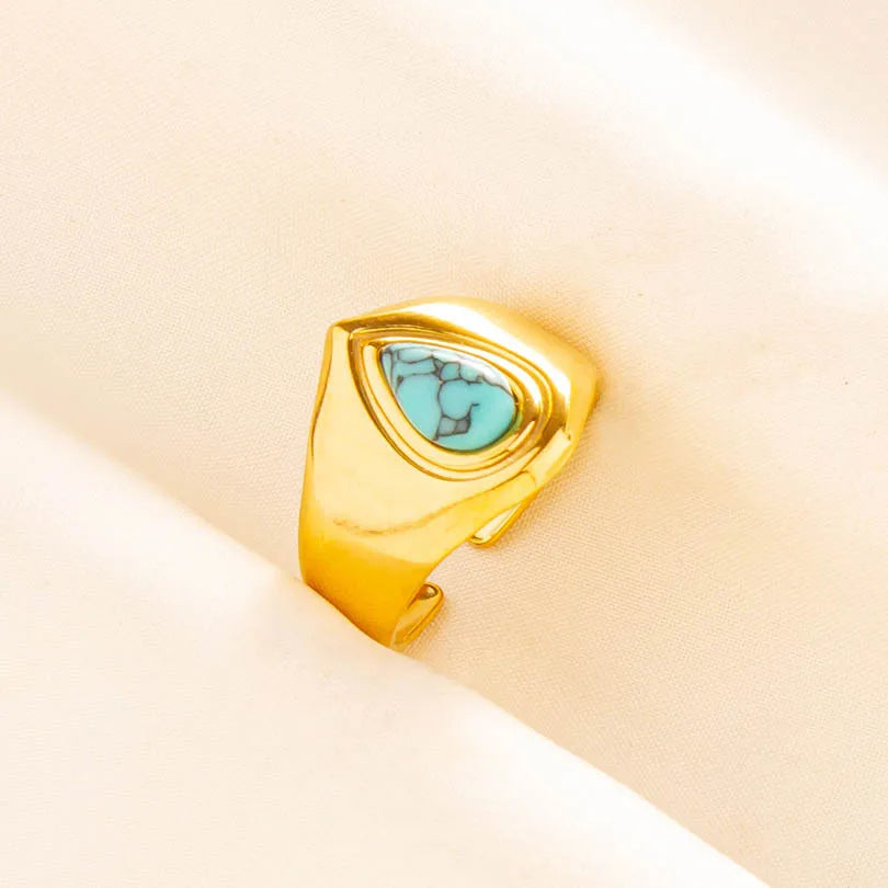 Turquoise Finger Jewelry Long Oval Sun Heart Water Drop Stainless Steel Rings For Women Men Accessories Gold Plated Open Anillos