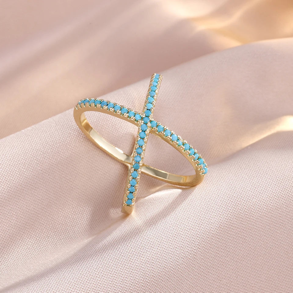 Yupsk Exquisite Shiny Blue Turquoise CZ Cross Ring for Women Fashion Engagement Wedding Rings Couple Jewelry