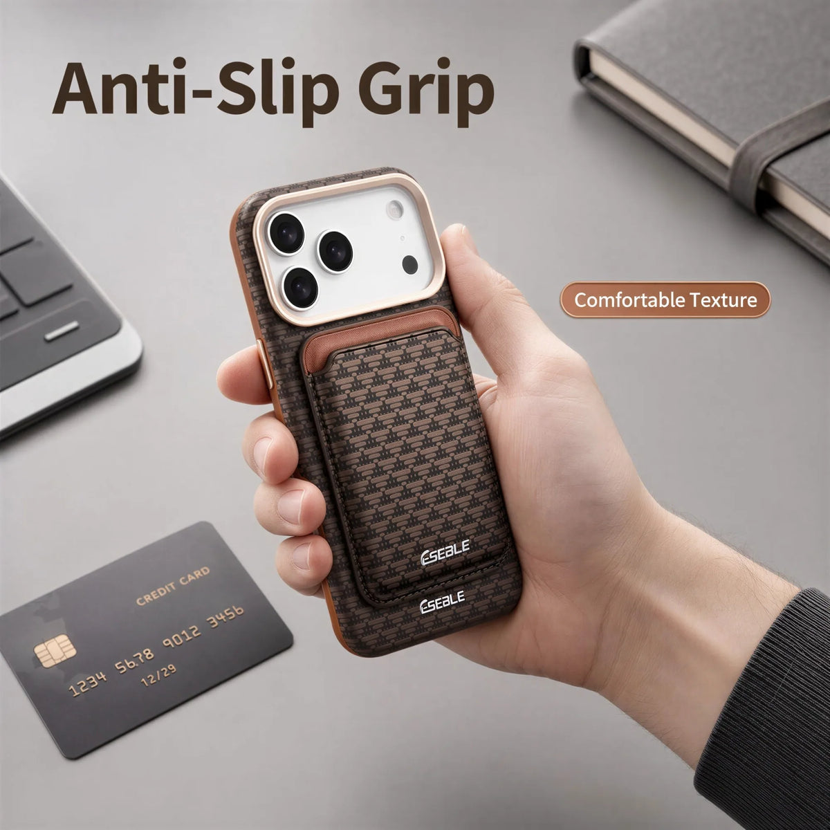 ESEBLE Detachable Magnetic Card Holder Phone Case For iPhone 18 17 16 Pro Max Luxury Vintage Woven Pattern PU Leather MagSafe Wa
