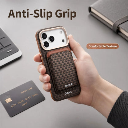 ESEBLE Detachable Magnetic Card Holder Phone Case For iPhone 18 17 16 Pro Max Luxury Vintage Woven Pattern PU Leather MagSafe Wa