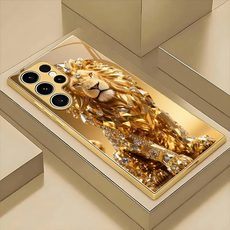 Luxury color diamond gold lion pattern glass phone case suitable for Samsung  Galaxy S26/S25/S25 Plus/S25 Ultra/S24 Plus/S24