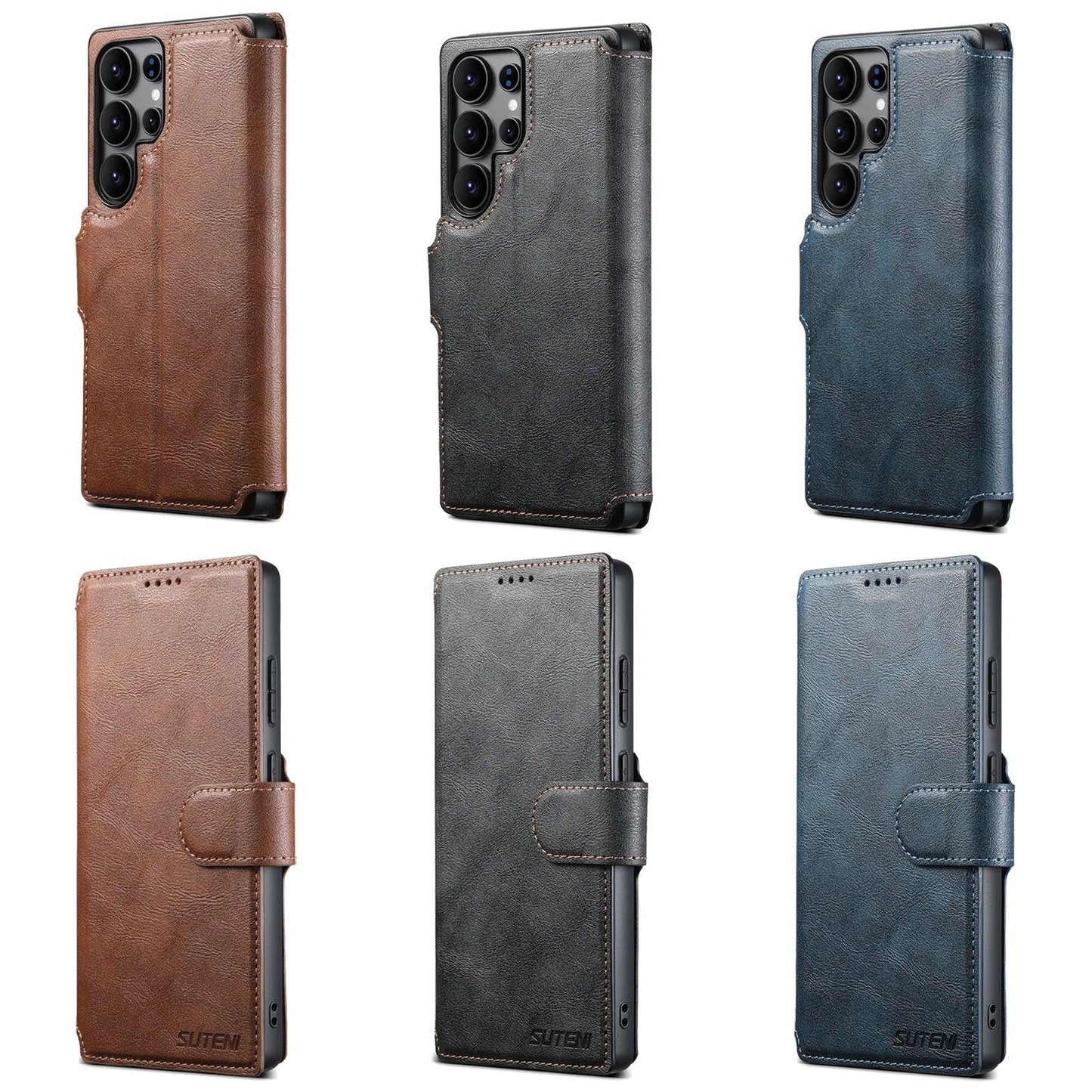 SUTENI PU Leather Wireless Charging Card Holder Stand Wallet Magnetic Flip Cover Phone Case For Samsung Galaxy S25 Ultra S24 S23